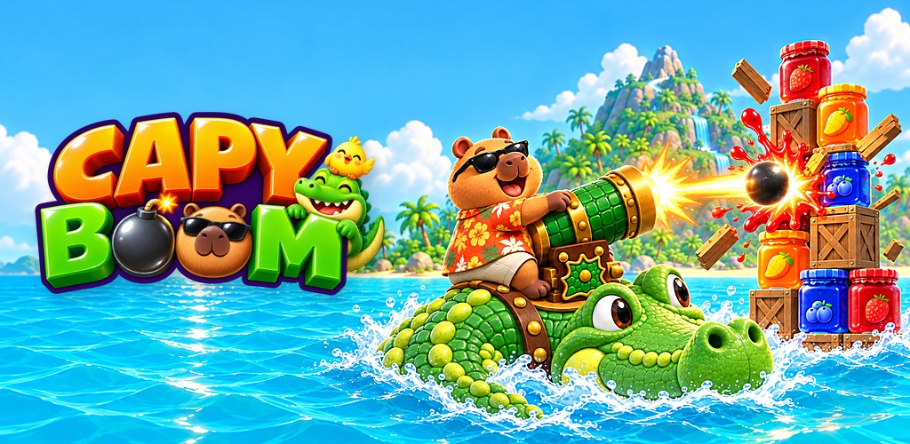 Capy the capybara rides a crocodile and fires a cannon at a tower of jam jars and crates